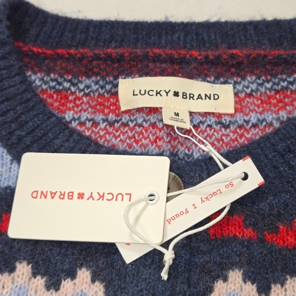 Lucky Brand Fair Isle Heart Cardigan Sweater Navy Red Blue 5BI005 Womens M NEW - Picture 13 of 13